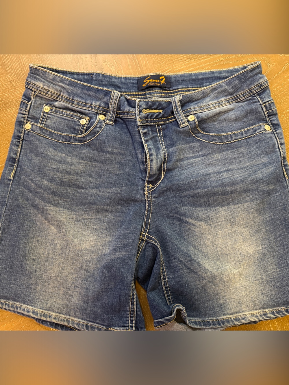 Seven7 Faded Blue Denim Shorts with Contrast Stitching